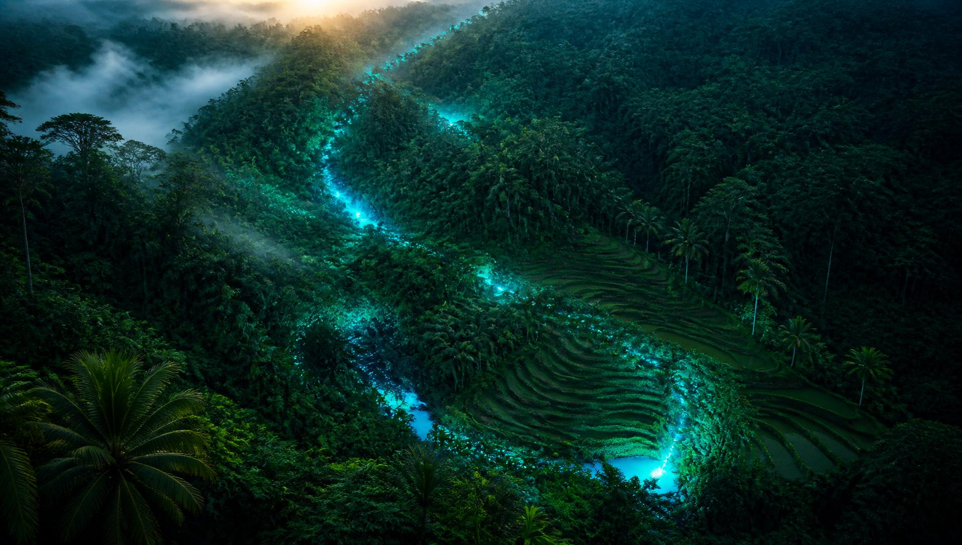 Aerial view of Southeast Asian rainforest with a glowing energy stream tracing an infinite loop